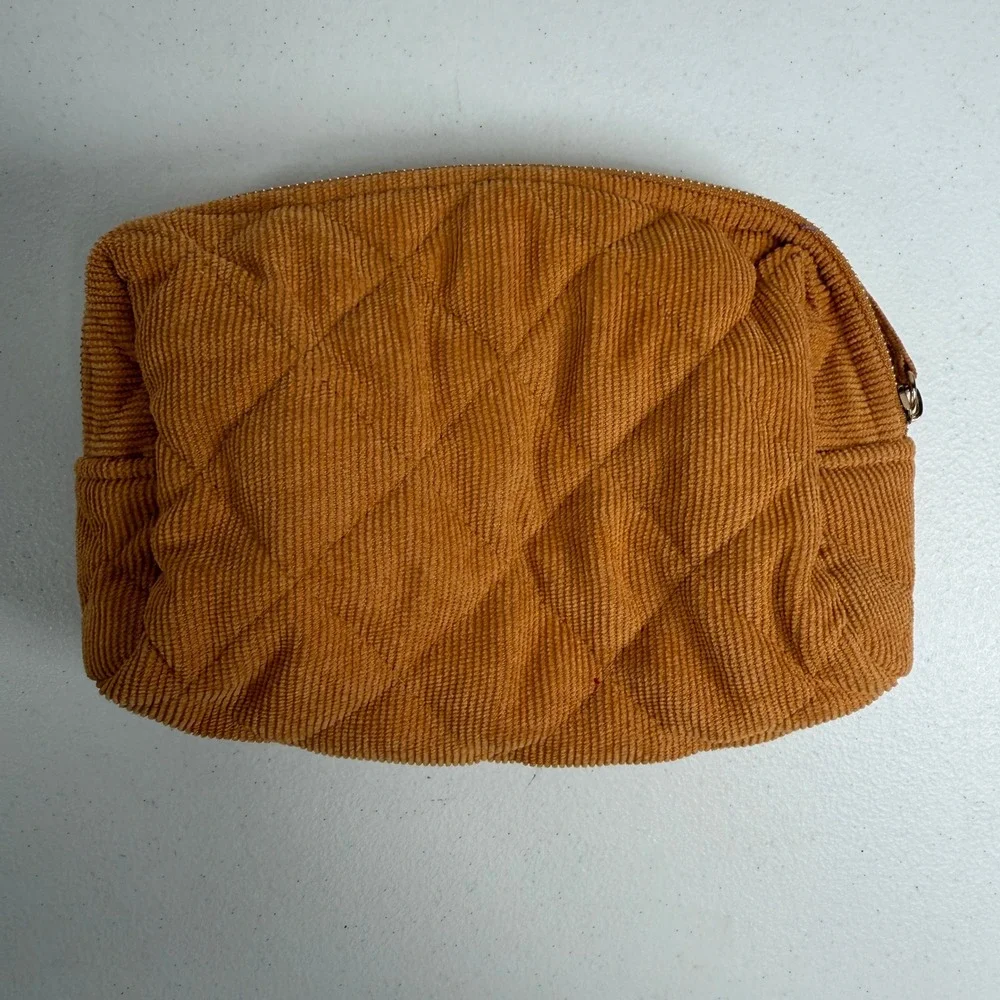 Sezane OS Pouch Quilted Corduroy Toiletry Bag Camel Brown Patchwork Lining Boho